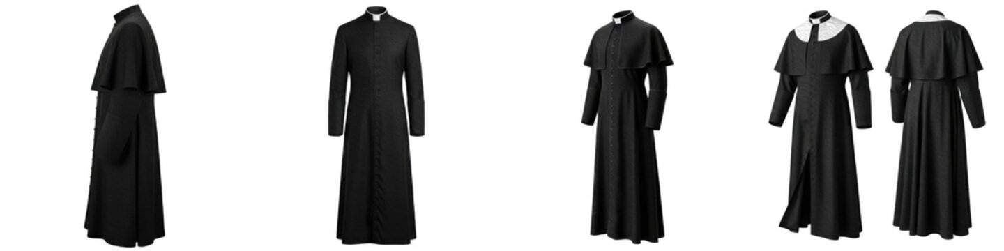 Set of Traditional Christian Clergy Cassock and Priest Soutane, Black Roman Catholic Vestments with Pellegrina, Formal Church Liturgical Robes, Isolated on White Transparent PNG Background