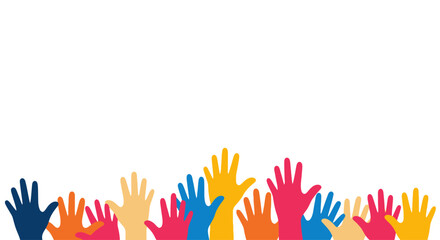 Diverse Hands Raised Together, Unity and Teamwork Concept, Copy Space