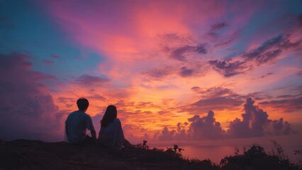 Obraz premium Couple watching vibrant sunset together