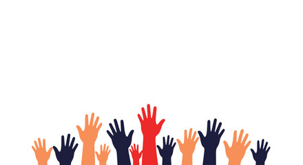 Diverse hands raised in the air, symbolizing voting, participation, and community on white background