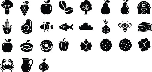 Food and agriculture icons set featuring fresh fruits vegetables farm barn bee mushroom and organic nature symbols for grocery branding and healthy lifestyle vector illustrations ©  Creative Crafter