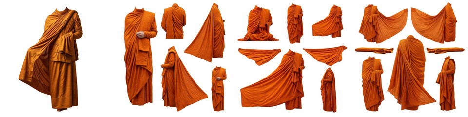 Naklejka premium Set of Traditional Theravada Buddhist Saffron Robes, Sacred Orange Monastic Civara for Monks, Detailed Southeast Asian Religious Attire, Isolated on White Transparent PNG Background