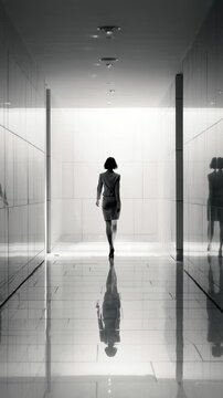 Businesswoman silhouette walking in a modern bright futuristic corridor