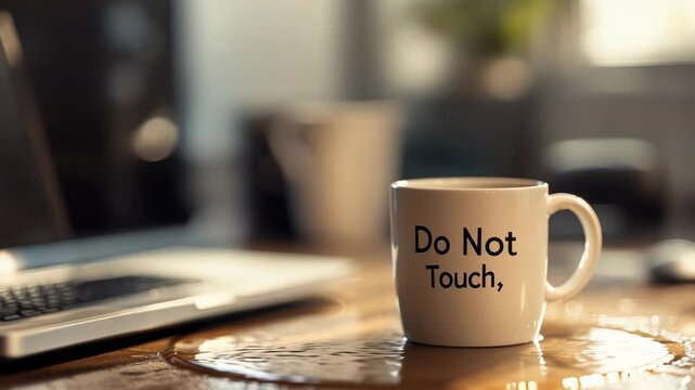 A workplace scenario with an overturned cup labeled "Do Not Touch," with water apparently suspended mid-air as part of a prank.