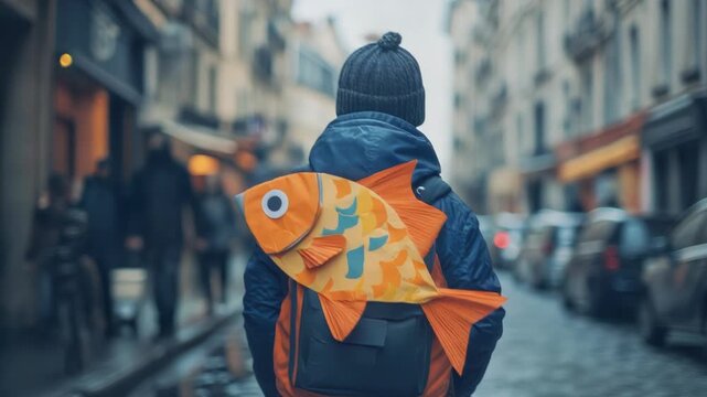 "Poisson d'avril!" Boy with paper fish attached to his back, street scene. French April Fools' Day tradition, candid shot.