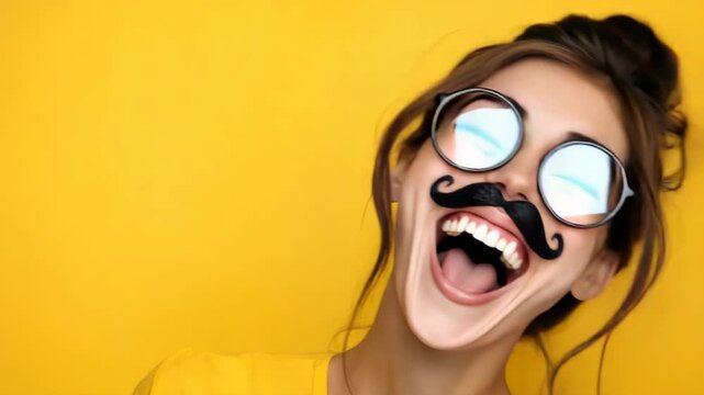 Humorous portrait of a woman wearing funny glasses with a mustache. April Fools' Day prank, yellow background, banner space.