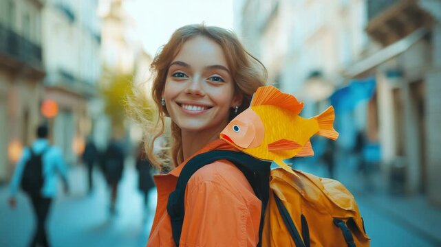 French April Fools' prank: Young womanwith paper fish on his back, walking down a street. Fun tradition, playful humor, colorful image.