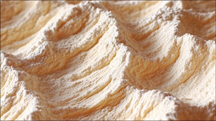 Close up of white flour or powder with textured wavy surface. Abstract pattern, bakery ingredient, baking concept. Ideal for background or food design.