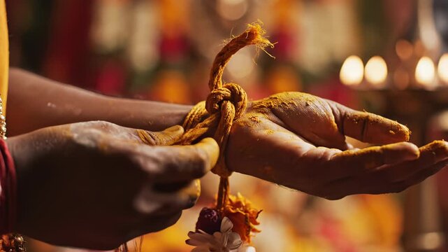 Close up Of Hands Tying Knot With Yellow Sacred Thread During A Traditional Ceremony With Soft Bokeh Background In Warm Golden Hour Lighting
