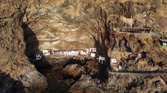 Aerial drone footage of cave houses in Por&iacute;s de Candelaria, La Palma, Canary Islands