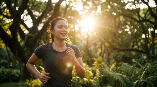 happy young asian woman jogging in green park at sunset. sweat on skin, active lifestyle and wellness concept. morning run, fitness training. social media, blog, website header, banner.