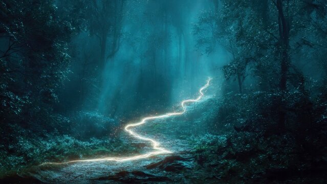 Enchanted Forest Path with Mystical Lightning
