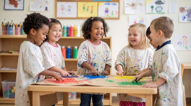 diverse group of happy children finger painting in preschool classroom. african, asian, and caucasian kids wearing smocks. early childhood education and creativity. school brochure, blog post.