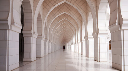 Fototapeta premium Elegant hallway with arched ceilings and marble floors