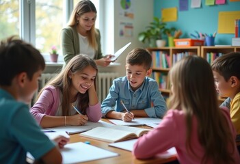 Fototapeta premium Engaging Private School Teacher Small Class Interactive Learning Bright Classroom