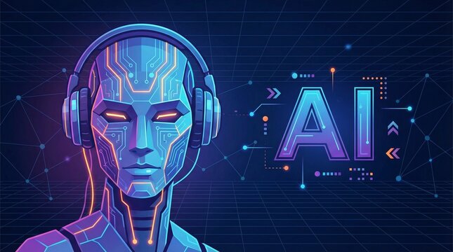 Futuristic robot with headphones and AI text on a technological dark blue background from a frontal viewpoint