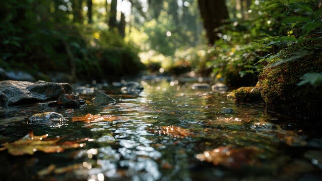 Forest stream with fallen leaves in clear water.