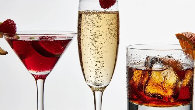 Three festive garnished cocktails with drinks on white background