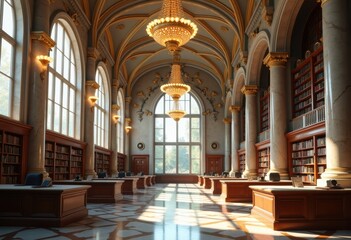 Majestic Marble University Library with Grand Chandeliers and Intricate Architecture