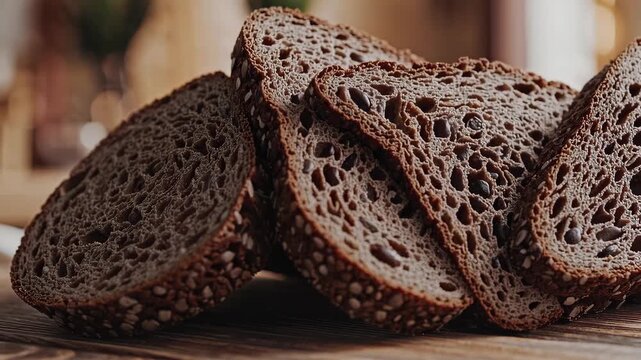 Close-up of sliced dark bread on a wooden surface. This studio shot showcases bread texture and rustic elements. Ideal for projects about food, bakery products, or healthy eating.