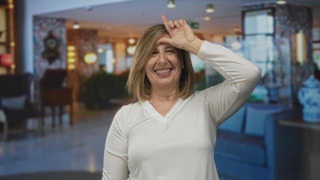 Woman making loser sign with right hand on forehead while smiling in spacious hotel lobby; mockery playfulness.