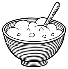 Hand drawn black and white illustration of a breakfast bowl with porridge and a spoon