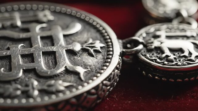 Antique silver medallion with intricate ornate floral engravings and a central monogram on a textured red fabric background showcasing detailed craftsmanship and a vintage aesthetic with soft studio