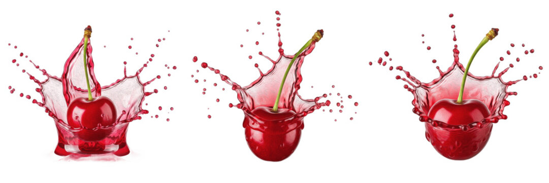 Fresh cherry with red juice splash explosion isolated on white background, high speed liquid splash photography, cherry juice concept for beverages and packaging, realistic fruit splash design, Prunus
