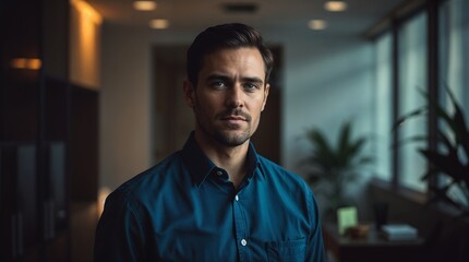 A man in a blue shirt is standing in office, businessman portrait, under soft office light highlighting professionalism, workplace scene, with copy space
