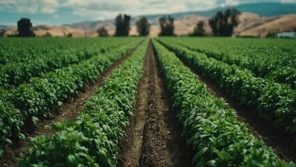 Fototapeta premium Green Rows of Crops on a Farm