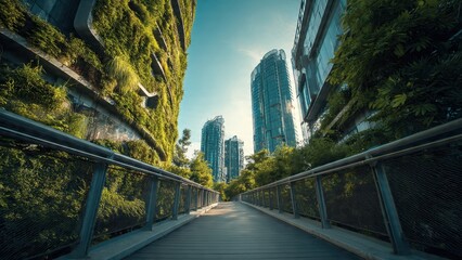 Fototapeta premium Green urban bridge with city skyline