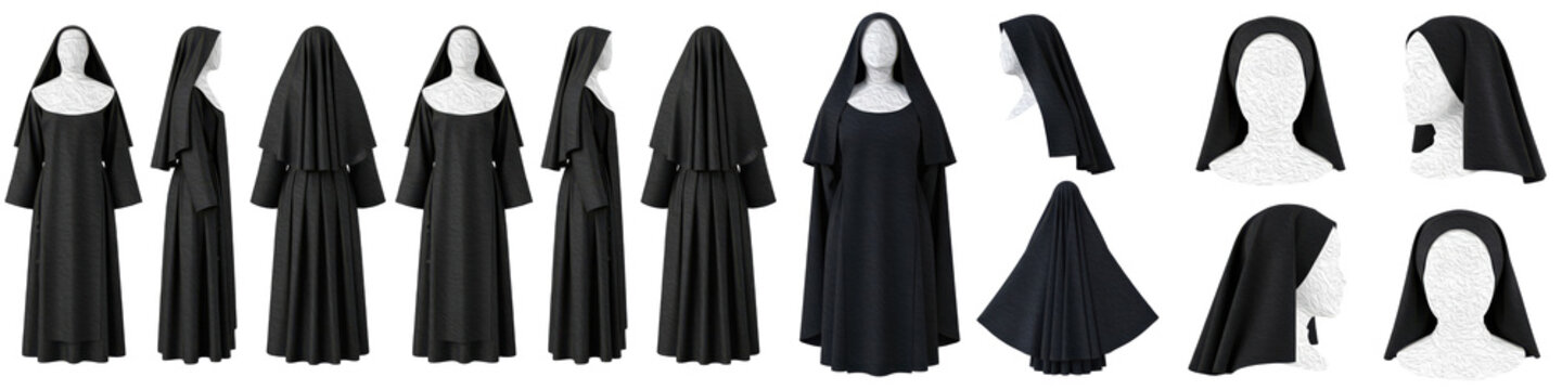 Set and collection of traditional black catholic nun habit dresses and veils in various views isolated on white transparent PNG background