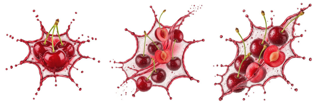 Fresh sour cherry with red juice splash explosion isolated on white background, high speed liquid splash photography, tart cherry juice concept for beverages and packaging, realistic fruit splash desi