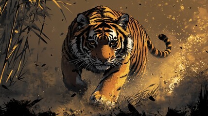 Tiger leaping through spray with intense gaze &mdash; ideal for wildlife illustration and conservation awareness.