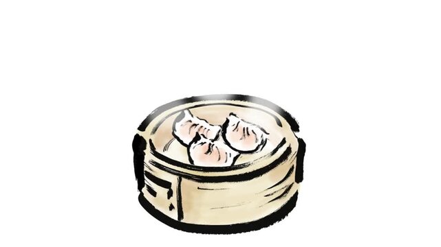 蒸篭の蓋を開けて餃子が出てくる筆タッチの動画アニメーション	