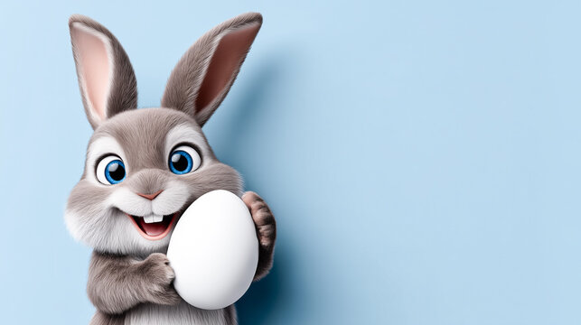 Gray Easter bunny with a white egg on a light blue background with copy space. Cartoon  Easter bunny greeting card with a blank layout and space for text.