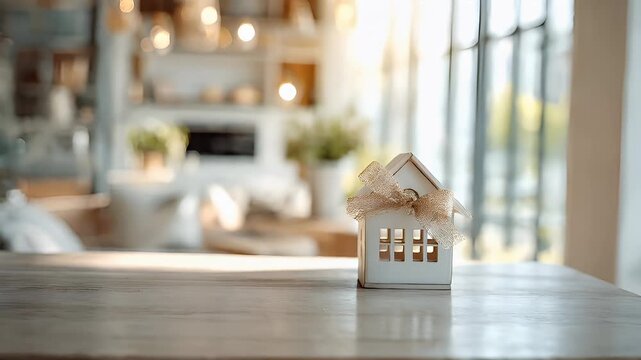 Real estate business market, house home building purchase sale. A white houseshaped decorative item with a ribbon tied around it, placed on a wooden table.