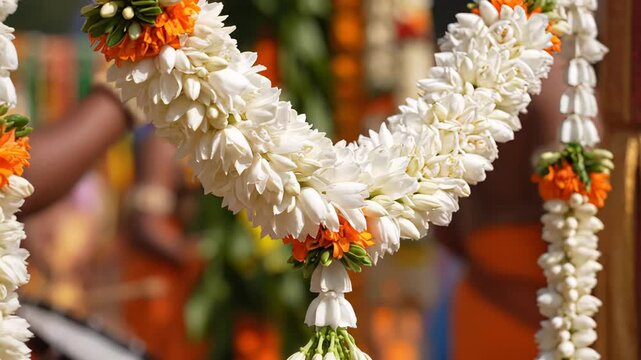 Close Up Of A Traditional White Jasmine Flower Garlands With Orange Marigold Accents And Green Leaves Accompanying A Cultural Celebration Event With Blurred Orange Fabric Background And Soft Daylight
