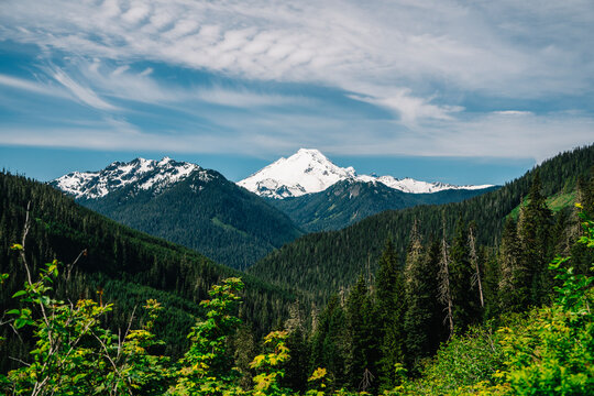 Mt. Baker rising above deep evergreen valleys under streaked clouds, showcasing dramatic alpine scenery and lush Pacific Northwest wilderness in vibrant summer light