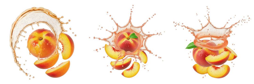 Fresh peach with peach slices and juicy splash explosion isolated on white background, high speed liquid splash photography, peach juice concept for beverages, smoothies and packaging, realistic fruit