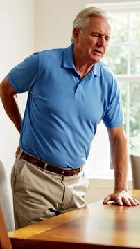 Senior man in blue shirt standing by table experiencing intense back pain. Older caucasian man with hand on lower back expressing discomfort. vertical video format