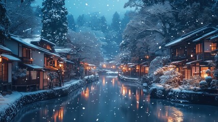Winter night scene with snowfall, traditional houses and canal reflections &mdash; ideal for seasonal illustration and cultural landscape design.
