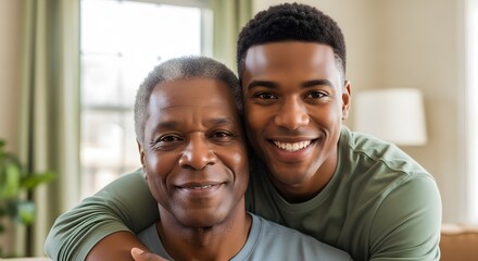 Obraz premium A heartwarming portrait of two smiling men in a cozy indoor setting with natural light.