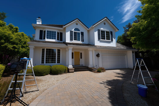 Workers prepare for home maintenance at a suburban house in daylight