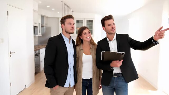 Real estate business market, house home building purchase sale. Three people, two men and a woman, standing in a modern, welllit room. The man on the right holds a clipboard and points at something.