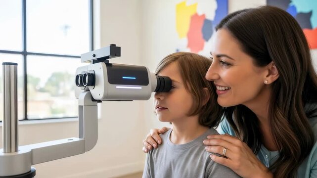 Woman with child getting eye exam using advanced ophthalmic equipment. Vision correction and prevention for kids optical health.