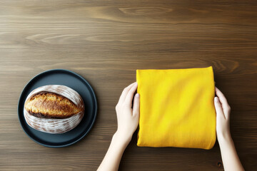 A woman folds a yellow garment on a dark wooden table, next to a loaf of bread on a dark plate