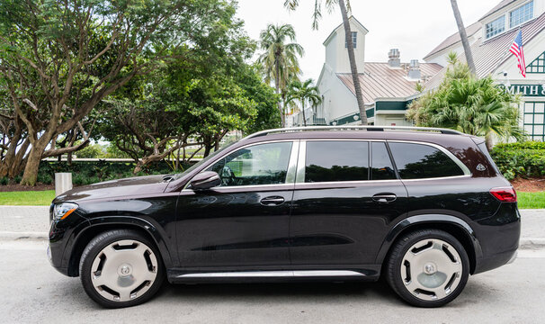 Miami, Florida, USA - July 13, 2025: Luxury SUV Mercedes Benz Maybach GLS. Car Mercedes Benz Maybach GLS parked outdoor. Black car, corner view. Mercedes Benz Maybach GLS luxury SUV car