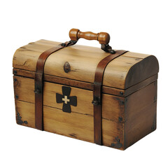 Antique wooden chest with metal accents and a cross emblem, perfect for rustic or historical settings