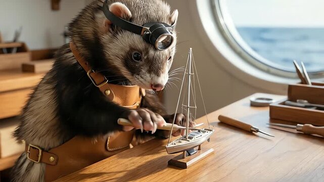 A focused ferret in an apron and headlamp diligently works on an intricate sailboat model by a sunny ocean view window, illustrating craftsmanship concept.